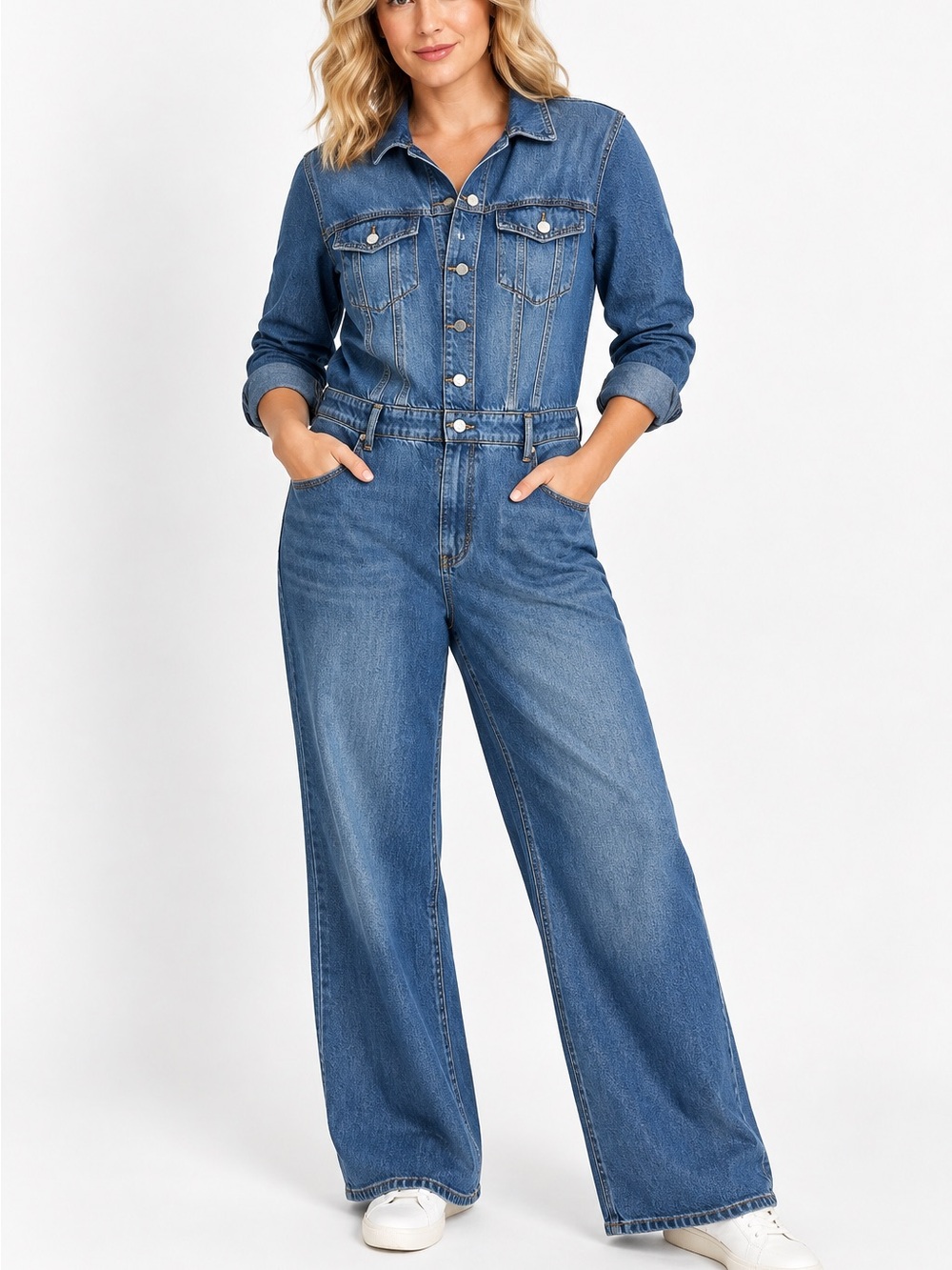 LOFT Size 10 Denim Jumpsuit Long Sleeve Wide Leg Utility Coveralls